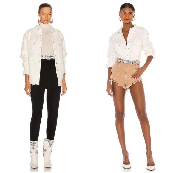 RETROFÊTE Dora Distressed Denim Shirt Jacket - Vintage White - Picture 3 of 10